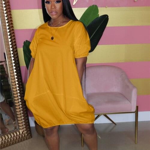 Hirigin Loose Casual Dress Women O-neck Puff Sleeve Summer T Shirt Dress Knee Length Solid Pockets Tunic Midi Day Dress Robe