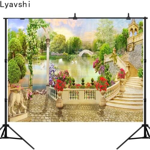 Lyavshi Romantic Wedding Royal Garden Photography Backdrop Swan flowers Stone lions Photo background Studio Props Photoshoot