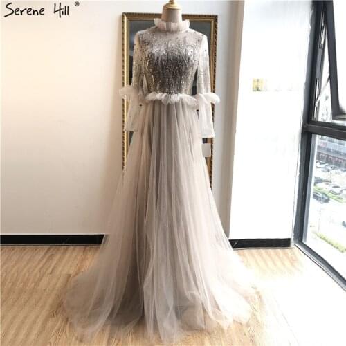 Serene Hill CLight Blue O-Neck Beading Crystal Evening Dress Long Sleeves A-Line Formal Party Gown Design 2020 CLA70147