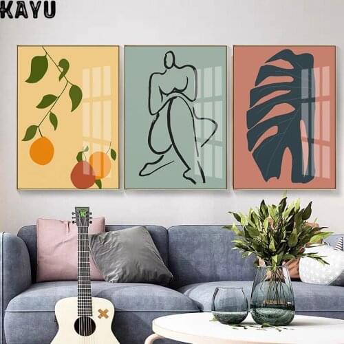 Scandinavia Abstract Still Life Line Character Green Plant Canvas Painting Nordic Print Poster Wall Art Pictures for Living Room