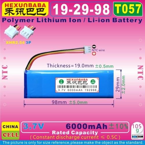 [T057] 3.7V 6000mAh [192998] XHR2.54/3P;NTC,Polymer Lithium Ion / Li-Ion Battery for JBL Charge,PULSE 1 SPEAKER; AEC982999-2P