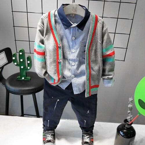 Baby boy clothes New Spring&Autumn boys long sleeve Knit cardigans + striped shirts + pants 3pcs suit kids clothes set