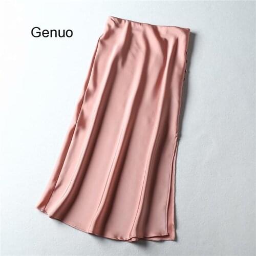 Vintage Midi Skirts Womens 2020 Elegant Pink Satin Skirt Streetwear Ladies High Waist Long Skirts Sexy A Line Slit Skirts