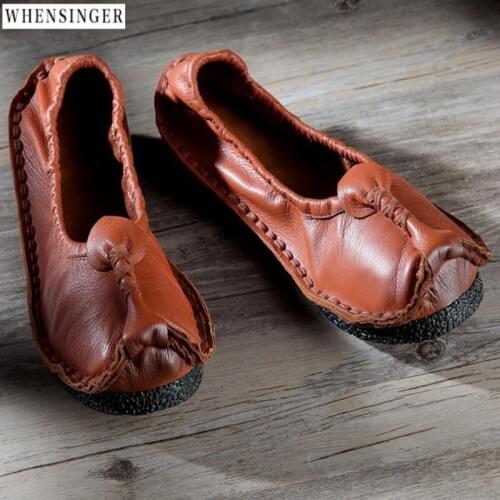 Whensinger - Women Flat Shoes loafers Genuine Leather Casual Shallow mouth Peas shoes Elastic Flats Shoe