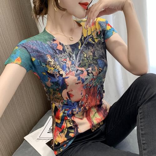Summer new fashion printing short sleeve top flower print ladies T-shirt Casual basis O-collar graphic T