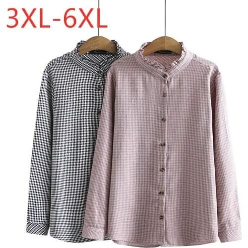 New 2021 Ladies Autumn Winter Plus Size Tops For Women Large Long Sleeve Loose Cotton Pink Black Plaid Shirt 3XL 4XL 5XL 6XL
