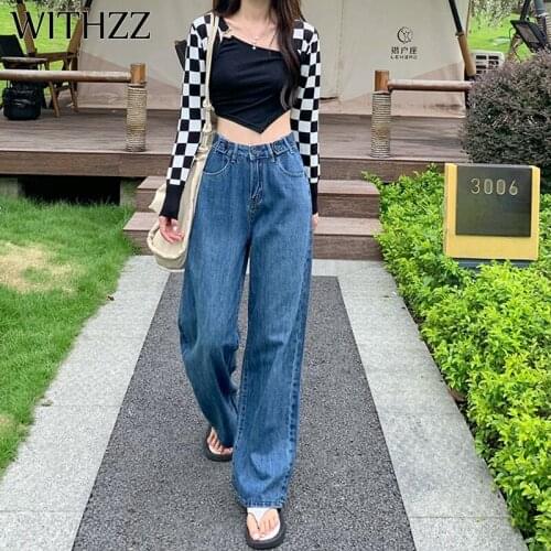 WITHZZ Spring Autumn Women Loose Waist Buckle Straight Pants Blue Denim Casual High Waist Female Jeans