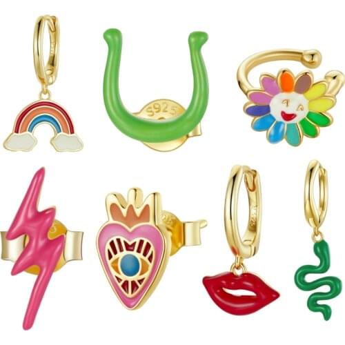 BISAER 1 pcs 925 Sterling Silver Hoop Earrings For Women Rainbow Sunflower Sexy Lip Snake Colorful Enamel Earrings ECE1232