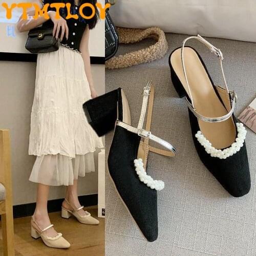 2021 Summer New Simple Word Buckle Mary Jane Suede Pearl Single Shoes Female Baotou Fairy Style Sandals Tide