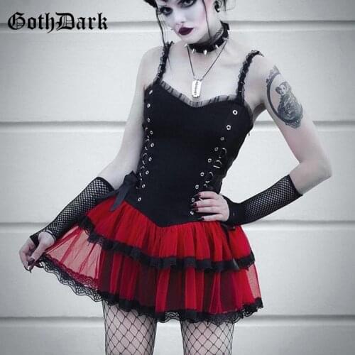 Goth Dark Harajuku Gothic Aesthetic Women Mini Dresses Punk Grunge Mesh Patchwork A-line Dress Sexy Lace Up Bodycon Alt Clothes