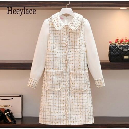 Plus size office ladies elegant vintage tweed dress for women long sleeve patchwork women autumn winter dresses women vestidos