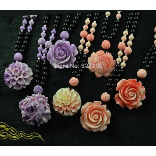 10PCS 2015 New Arrival Synthesis Tridacna Flower Carved Pendant 20'' Black Stone Beads Long Chain Necklace