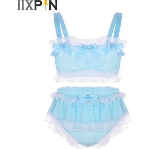 2Pcs Mens Sissy Crossdressing Exotic Sets Lace Chiffon Lingerie Set Sleeveless Crop Top Skirted Petticoated Panties Underwear