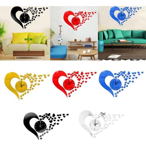 Love Heart Shaped Acrylic DIY Analog 3D Mirror Surface Wall Clock Sticker Battery Operated Quartz Clock Home Living Room Decor