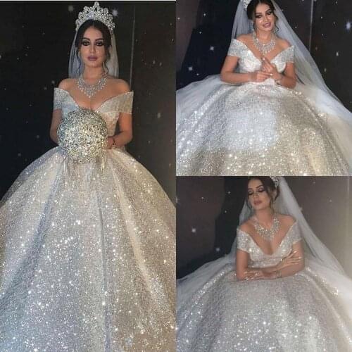 Shining Sequined Ball Gown Wedding Dresses Princess Dubai Arabic Off Shoulder Sexy Bridal Gowns Sweep Train Vestidos De Novia