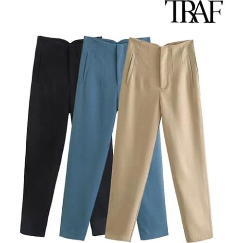 TRAF Women Chic Fashion With Seam Detail Office Wear Pants Vintage High Waist Zipper Fly Female Ankle Trousers Mujer