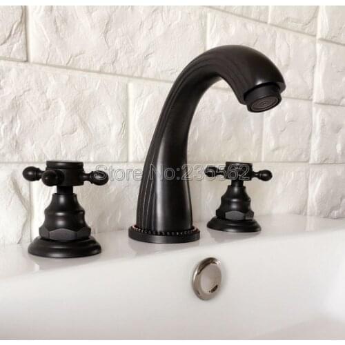 Black Oil Rubbed Bronze Deck Mounted Bathroom Faucet Dual Handle Widespread Bath Tub Mixer Tap 3 Hole Vessel Sink Faucet Lhg061