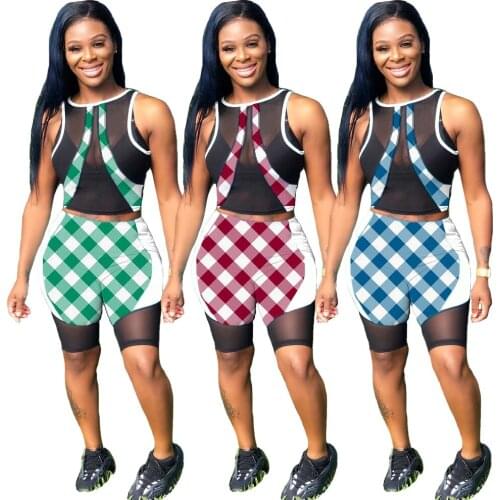 DPSDE 2020 summer new reduction of gae sexy street style sets sleeveless short top elastic short pants plaid two piece sets