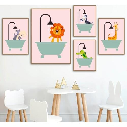 Cute Zebra Crocodile Hippo Bathe Shower Wall Art Canvas Painting Nordic Posters And Prints Cartoon Wall Pictures Bathroom Decor