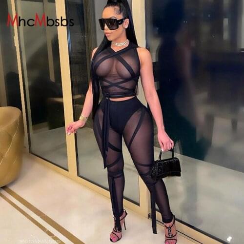 Two Piece Set Beach Outfits Sexy Women Mesh See Though Bandage Bodycon Top+High Waist Lace Up Thin Pants 2021Summer Boho Clothes