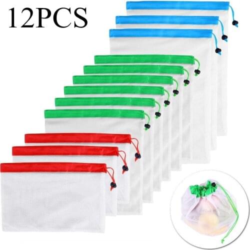 12pcs/lot Reusable Mesh Produce Bags Washable Eco Friendly Bags for Grocery Shopping Storage Fruit Vegetable Toys Sundries Bag