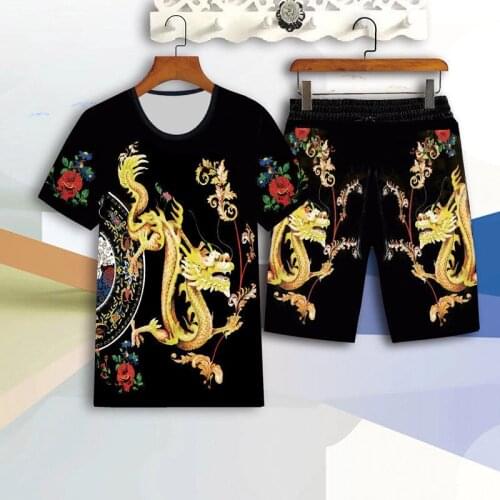 Fashion Chinese style dragon suit summer short-sleeved T-shirt + shorts 2 piece set casual large size 3D dragon mens clothing