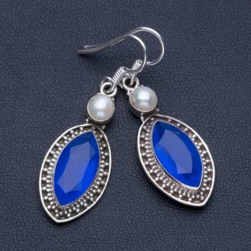 Natural River Pearl and Iolite Boho 925 Sterling Silver Drop Earrings 1 3/4" R1456