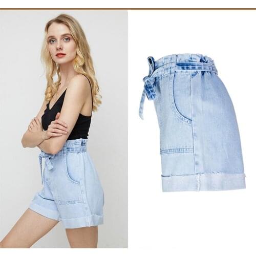 Solid color wide-leg denim shorts womens elasticated waist loose-fitting high-waisted denim shorts for women