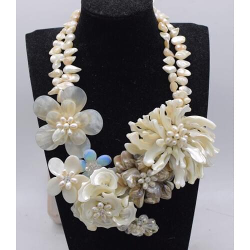 White coffee sea shell flower necklace big fashion stone faceted freshwater pearl 19inch FPPJ