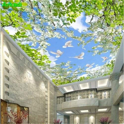 Blue sky white clouds 3d ceiling ceiling fresco ceiling roof wallpaper living room bedroom restaurant sky garden pigeon leaves