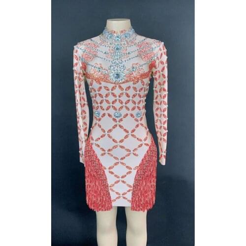 Sexy Transparent Rhinestones Tassel Dress Mesh See Through One-piece Crystals Fringes Dance Dress Birthday Celebrate Costume