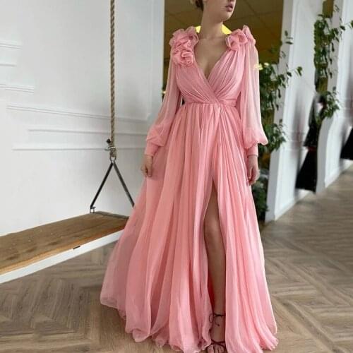 Pink Simple Chiffon V Neck Girl Evening Prom Dress Puff Sleeves Slit Celebrity Party Gowns Vestidos De Festa Custom Made