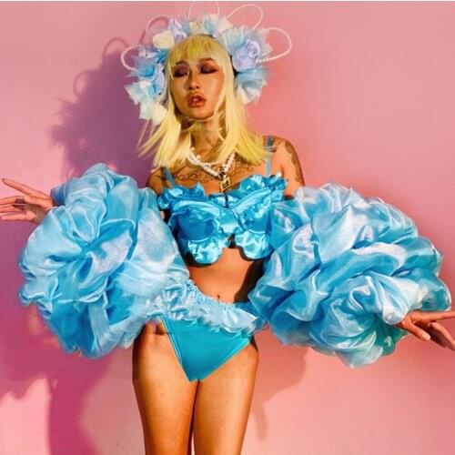 Party Women Bikini Suit Festival Outfit Flower Puff Sleeve Nightclub Gogo Dance Stage Costume Bar Performance Wear VDB3632