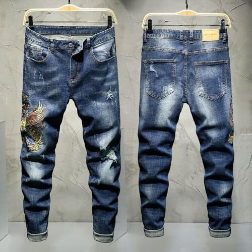Embroidery Chinese style stitchwork Boutique European Men Brand Slim Jeans Denim Trousers Stretch Blue Patchwork Hole Pants