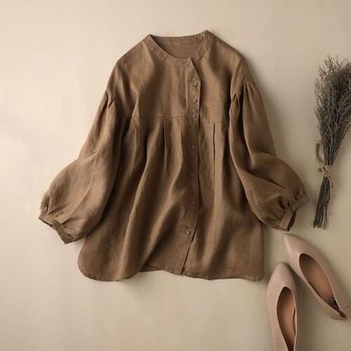 Autumn New 2021 Womens Solid Color Blouse Lantern Sleeve Round Neck Single-breasted Japanese Korean Style Fashion Casual