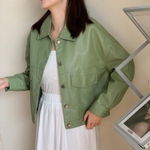 Vintage Green Black Faux Leather Coat Women Korean Autumn 2021 Loose Casual Short Single-breasted Long Sleeve Moto Biker Jacket
