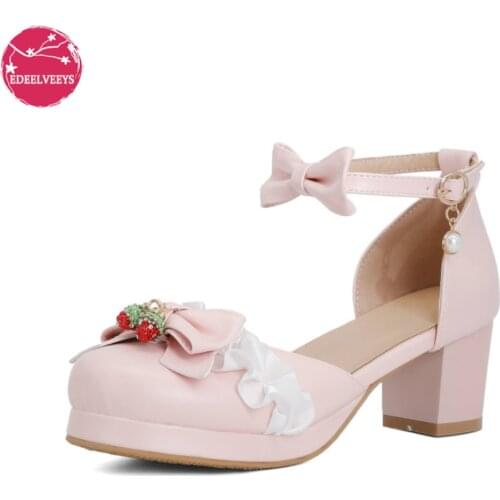 Woman High Heel Lolita Sandals Girls Princess Cosplay Cute Bowknot Strawberry Mary Jane Shoes Platform Cover Head Party Wedding