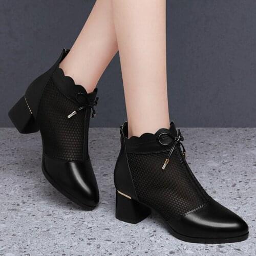 Autuspin Genuine Leather Short Boots Women Fashion Breathable Back Zipper Lady Ankle Boot 2021 Summer Party Dress Shoes Woman