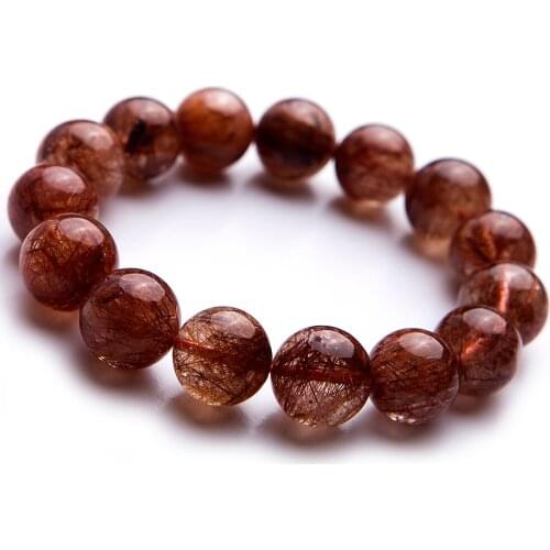 14mm Genuine Natural Copper Hair Rutilated Quartz Crystal Round Beads Women Gift Bracelets