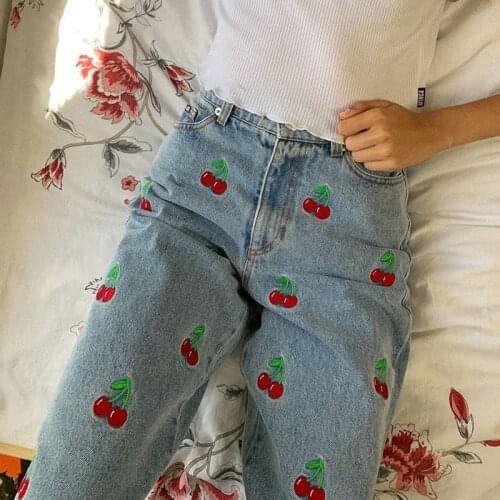 2021 Autumn Cherry Pattern Jeans Women England Preppy Style 90s Streetwear Y2K Outfits High Waist Straight Denim Pants