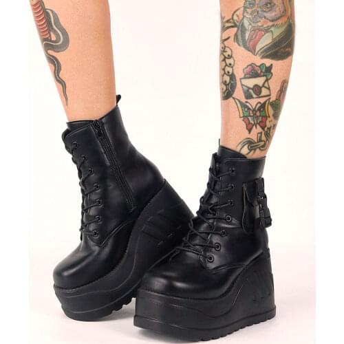 GIGIFOX Brand New Big Size 43 Fashion Gothic Wedges Boots High Heels Ankle Booties Cool Black Cute Winter Woman Platform Shoes