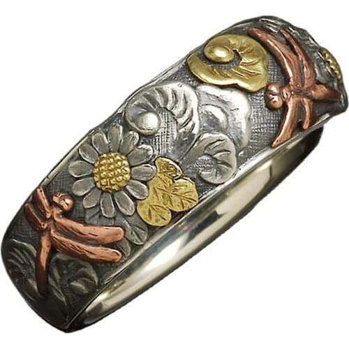 Women Men Elegant Sunflower Pattern Dragonfly Design Finger Ring Band Jewelry