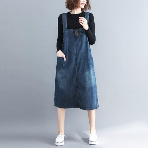 Vintage Jean Dresses Women 2019 Autumn Blue Loose Casual Denim Overall Dress Women Suspenders AA4939