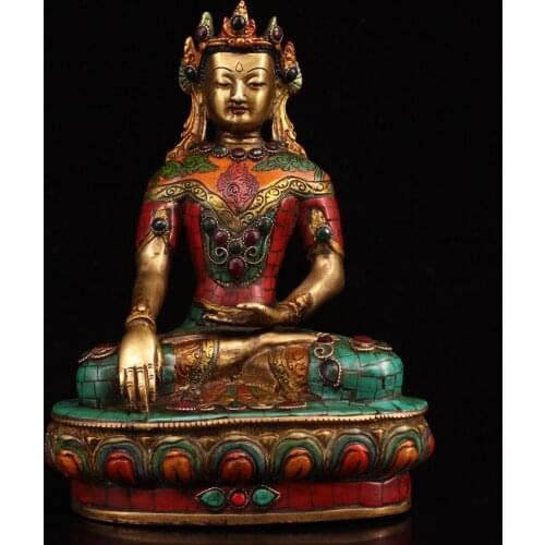 10"Tibet Buddhism Old Bronze mosaic Gem Painted outline in gold Shakyamuni Buddha Statue Amitabha Sitting Buddha