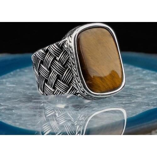 925 Sterling Silver Men Ring Rectangular with Tiger Eye Stone Knit Pattern Vintage Gift Jewelry Fasion Agate Zircon Men Rings