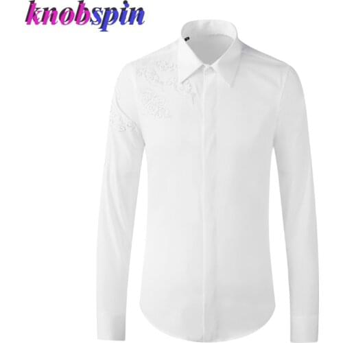 Brand Clouds Embroidery Shirt Men Long Sleeve Slim Casual Mens Shirts 100% Pure Cotton Black White Shirts for men Plus size 4XL