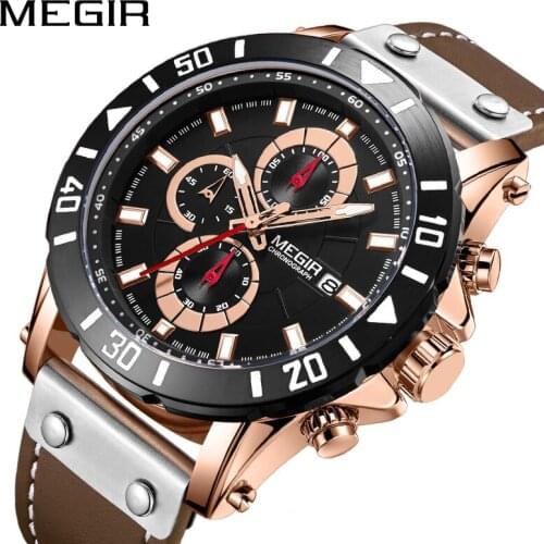 MEGIR Chronograph Sport Mens Watches Top Brand Luxury Leather Quartz Watch Men Clock Wristwatches Relogio Masculino Reloj Hombre