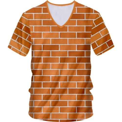 IFPD EU Size Mens 3D Printed V Neck T-shirts Casual Hip Hop Red Brick Wall Tshirt Short Sleeves Brick Splicing Plus Size Tops