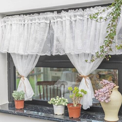 Korean Lace Sheer Curtain For Living Room Short Curtains Embroidery Bay Kitchen Half Valance Fabric Window Drapes DL-JD1145