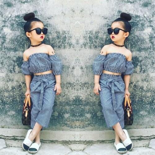 Summer baby sling top pants girl 2 piece set childrens suit childrens clothing fashion stripe printing elastic 1 to 6 years